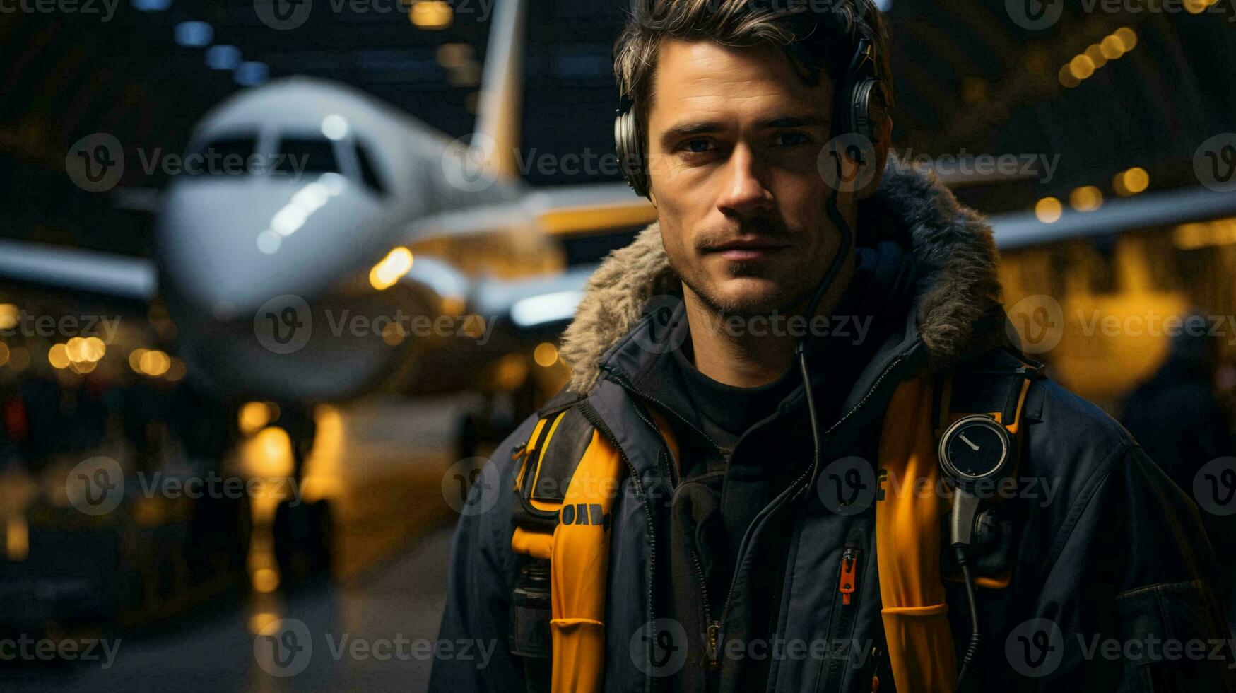 A male aviation engineer worker stands in a hangar in front of an airplane photo