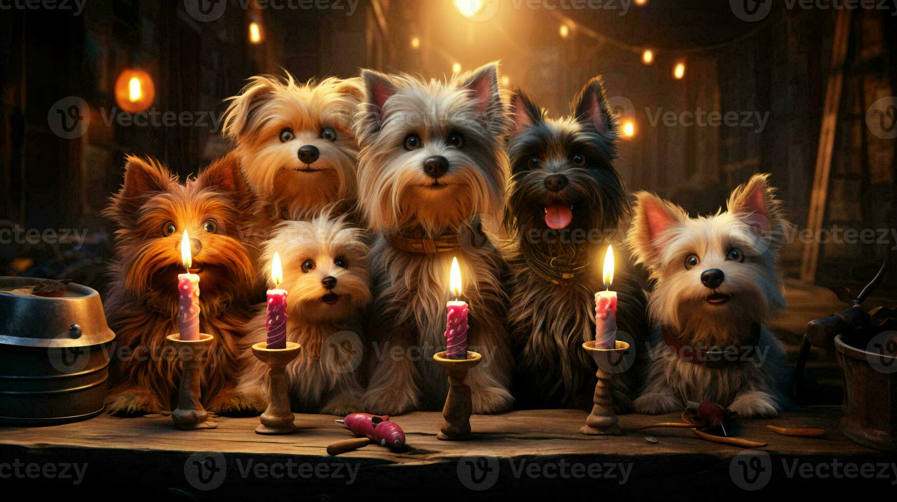 mascotas' cumpleaños. gatos y perros sentar cerca un cumpleaños pastel con velas a un cumpleaños fiesta foto