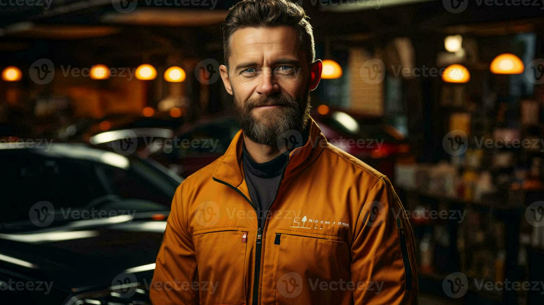 Male auto mechanic locksmith performs work on car repair at a service station workshop photo