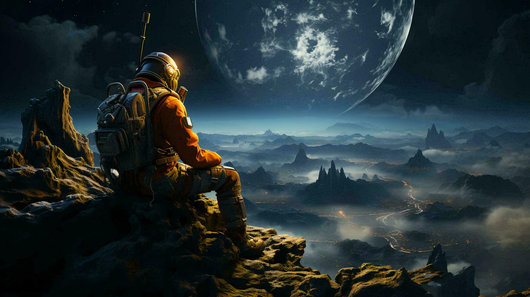 An astronaut landed on the surface of a distant alien planet, an astronaut in a spacesuit explores space photo