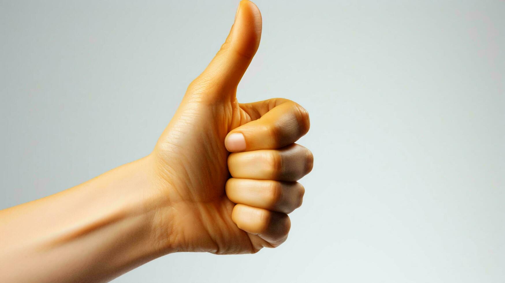 Hand showing super thumb up gesture on white background photo