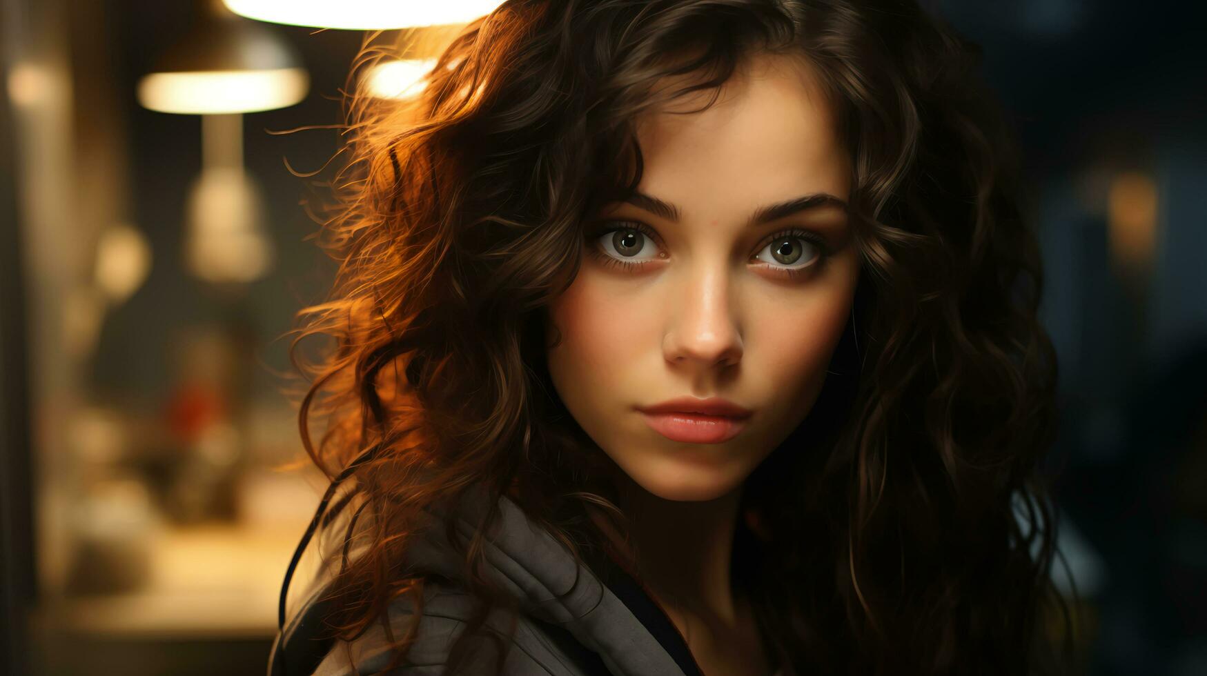 Beautiful woman looking at the camera, blurred background, close-up face photo