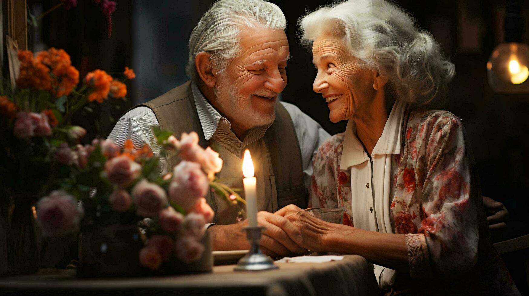 An elderly couple in love, a man and a woman, are sitting at a table, looking at each other with love and smiling photo