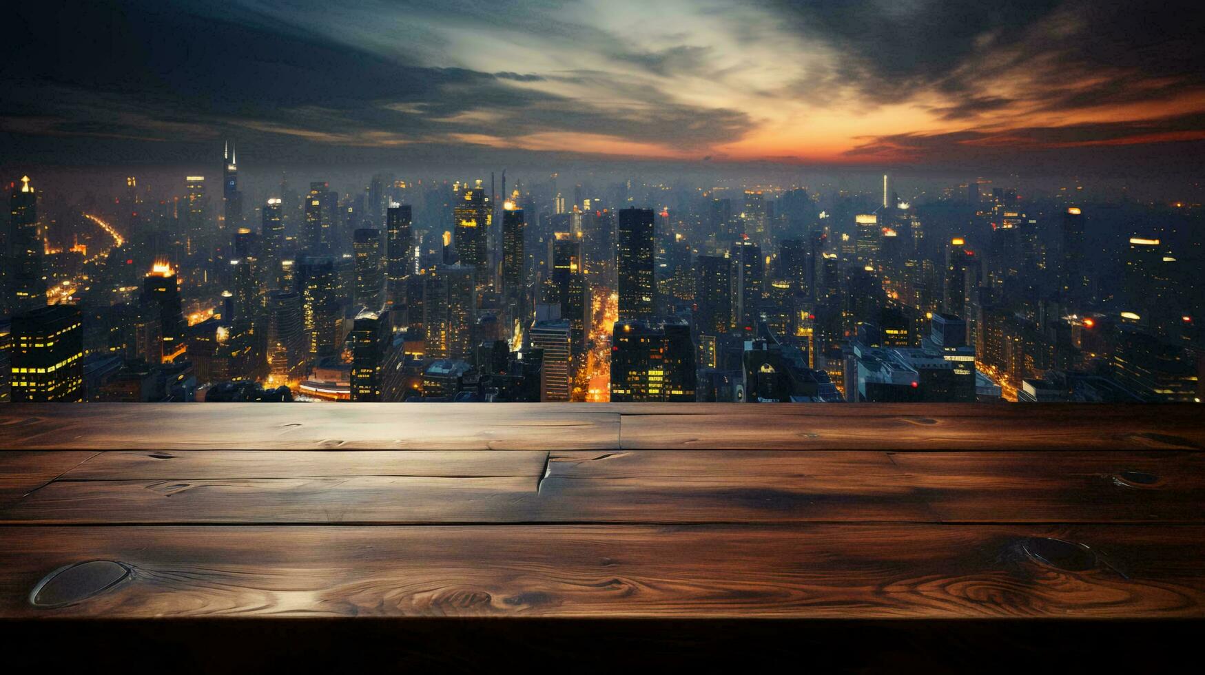 Surface of wooden table and view of big modern city from above background photo