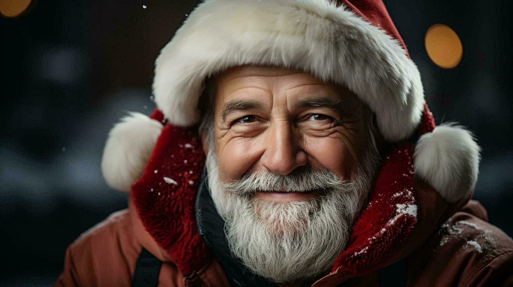 A man with a beard in a red jacket and santa claus hat smiles at the camera, christmas new year festive beautiful winter background photo