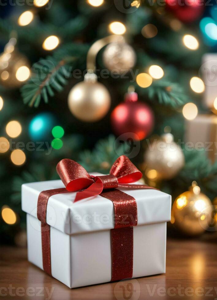 Photo of the Christmas tree and gift boxes presents Christmas lights Happy New Year AI Generative