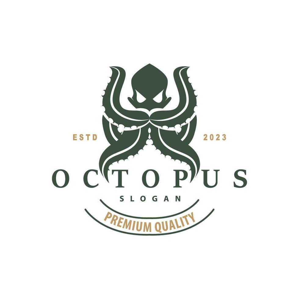 Octopus Logo, Old Retro Vintage Design Ocean Animal Vector Tentacle Illustration Template