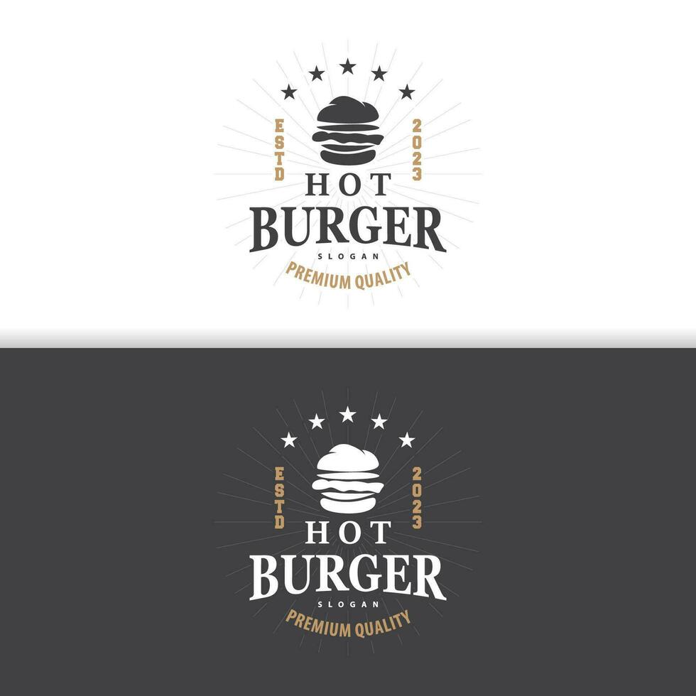 Burger Logo Fast Food Design, Hot And Delicious Food Vector Templet Illustration
