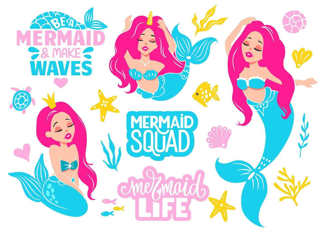 Cute Mermaids Illustrations Vector Collection. Lettering Quotes. Adorable Cartoon Characters. Colorful Kids Clipart