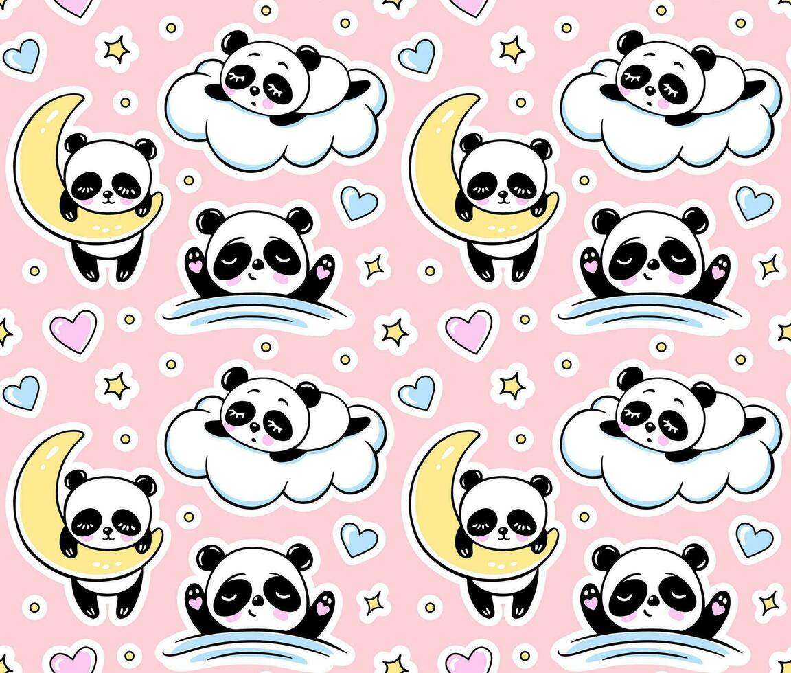 Sleeping Panda, Moon Clouds Stars Seamless Pattern on a Pink Background. Cute Vector Baby Print