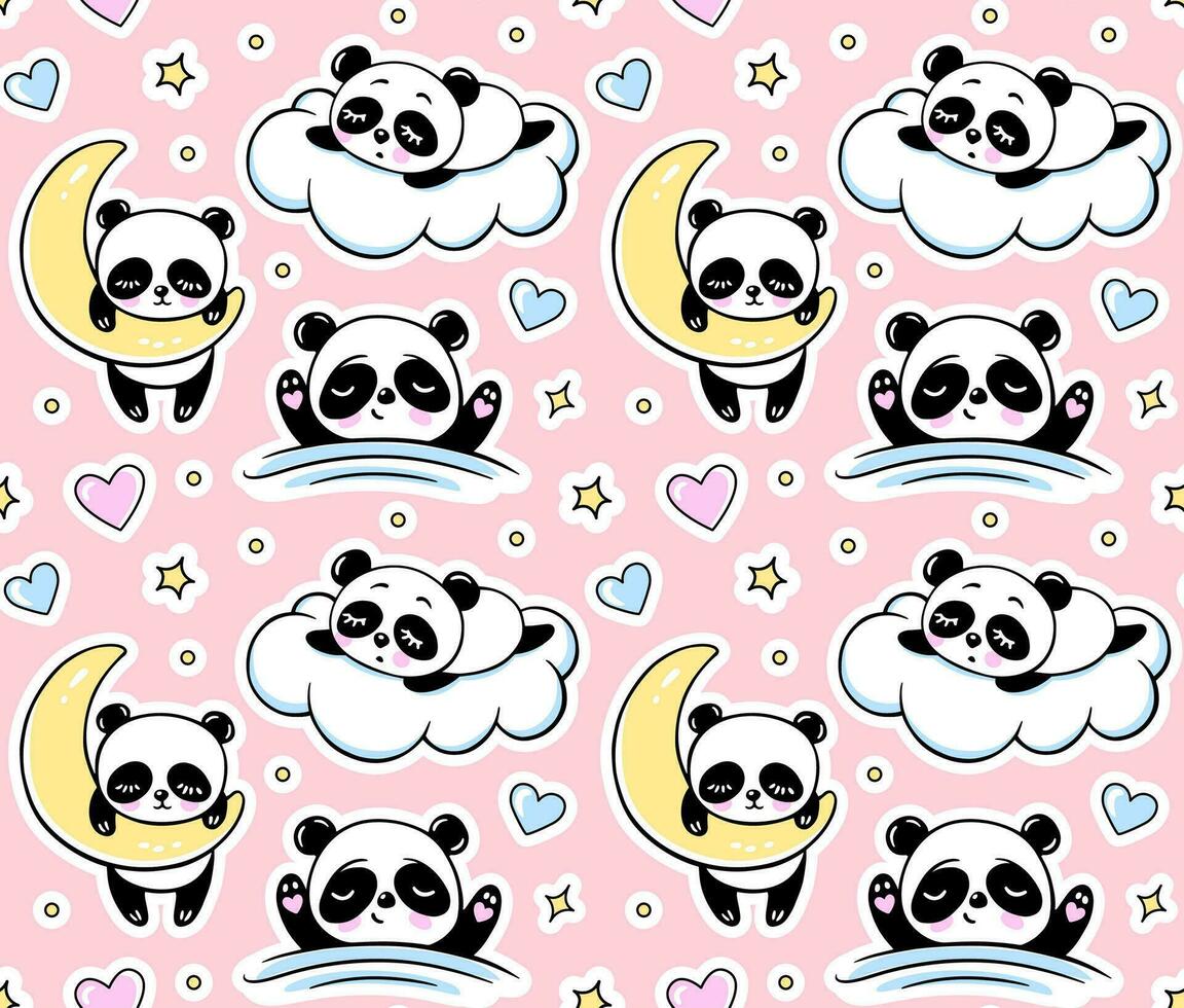 Sleeping Panda, Moon Clouds Stars Seamless Pattern on a Pink Background. Cute Vector Baby Print