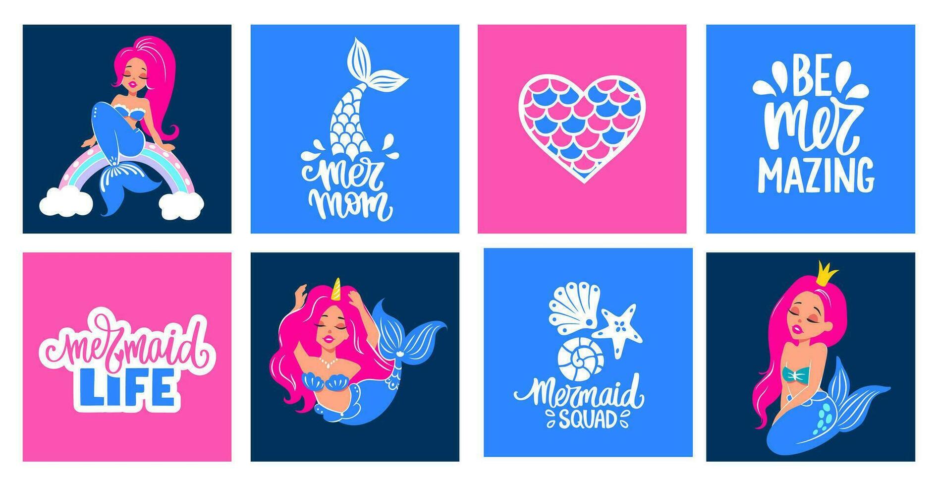 Cute Princess Mermaids Unicorn with Pink Hair and Blue Tail Vector Cards. Lettering Quote.