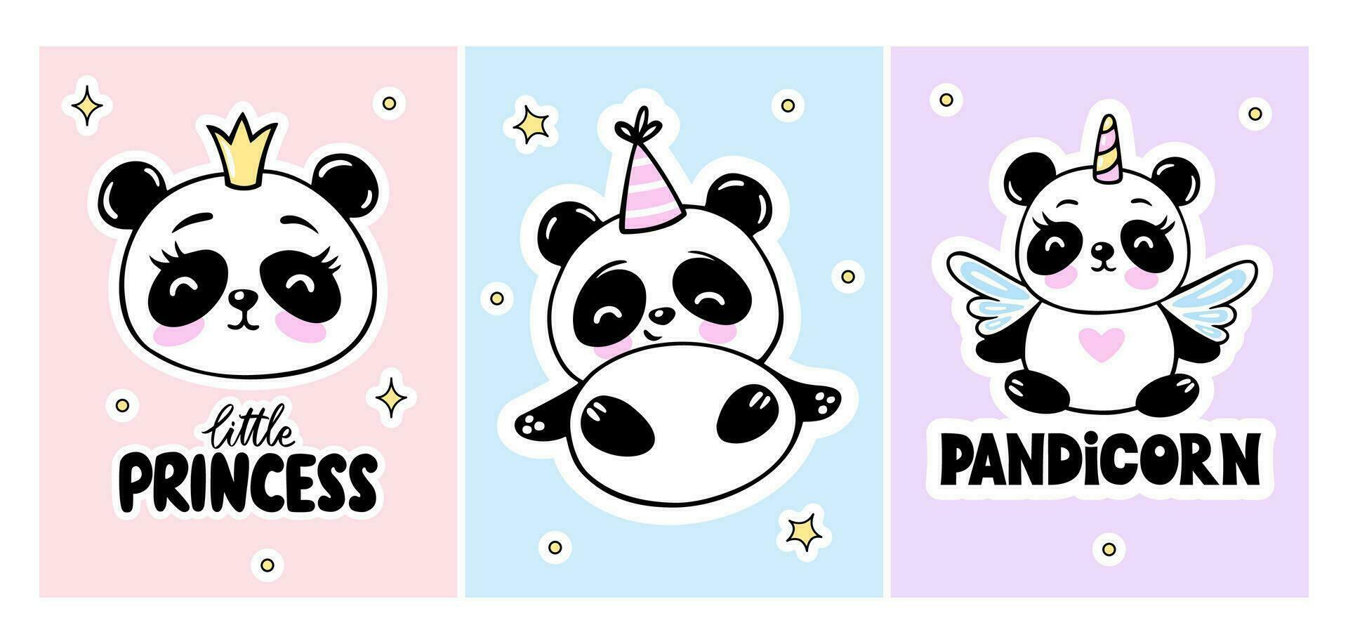 Cute Panda Colorful Cards. Unicorn, Princess Animals. Kids Vector Illustration