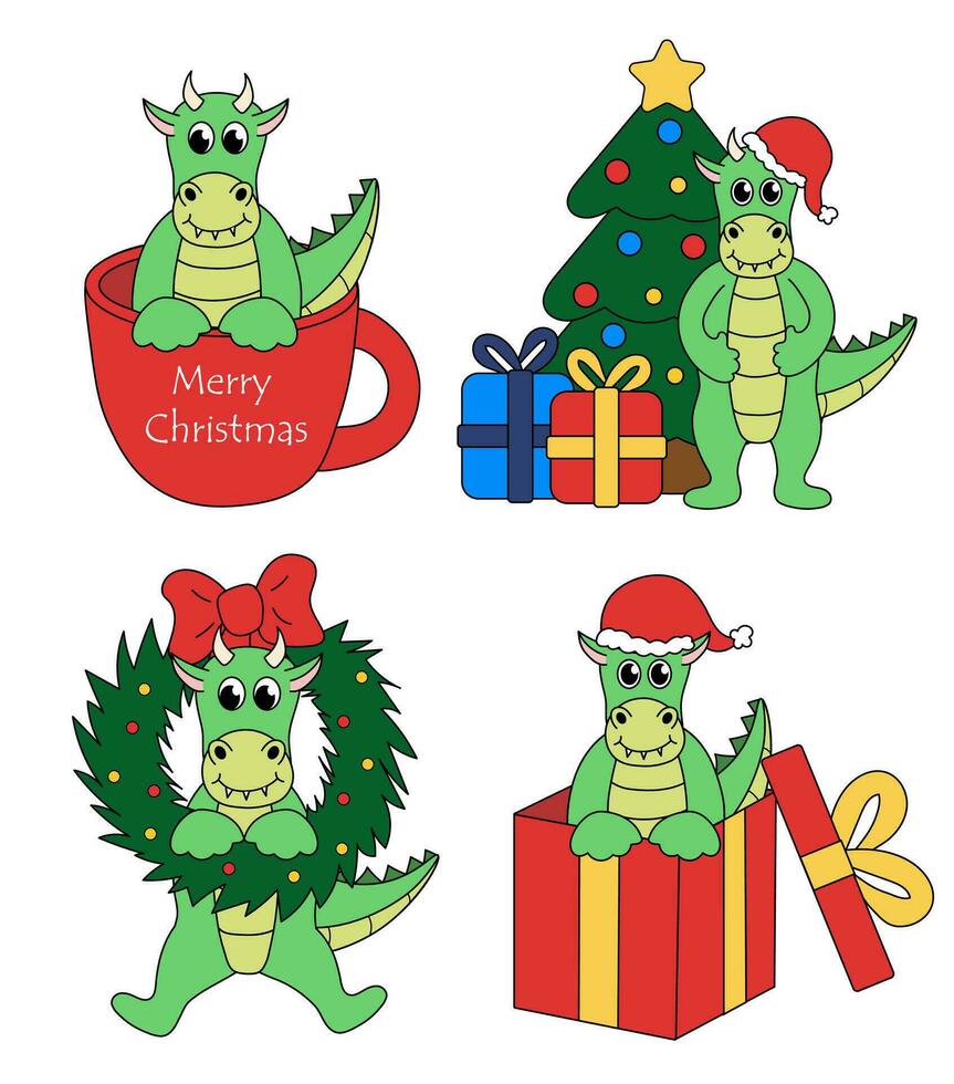 Set of cartoon Christmas and New Year Dragon characters. Cute Dragon in cup and in gift box, wreath, Christmas tree. Vector flat illustration.
