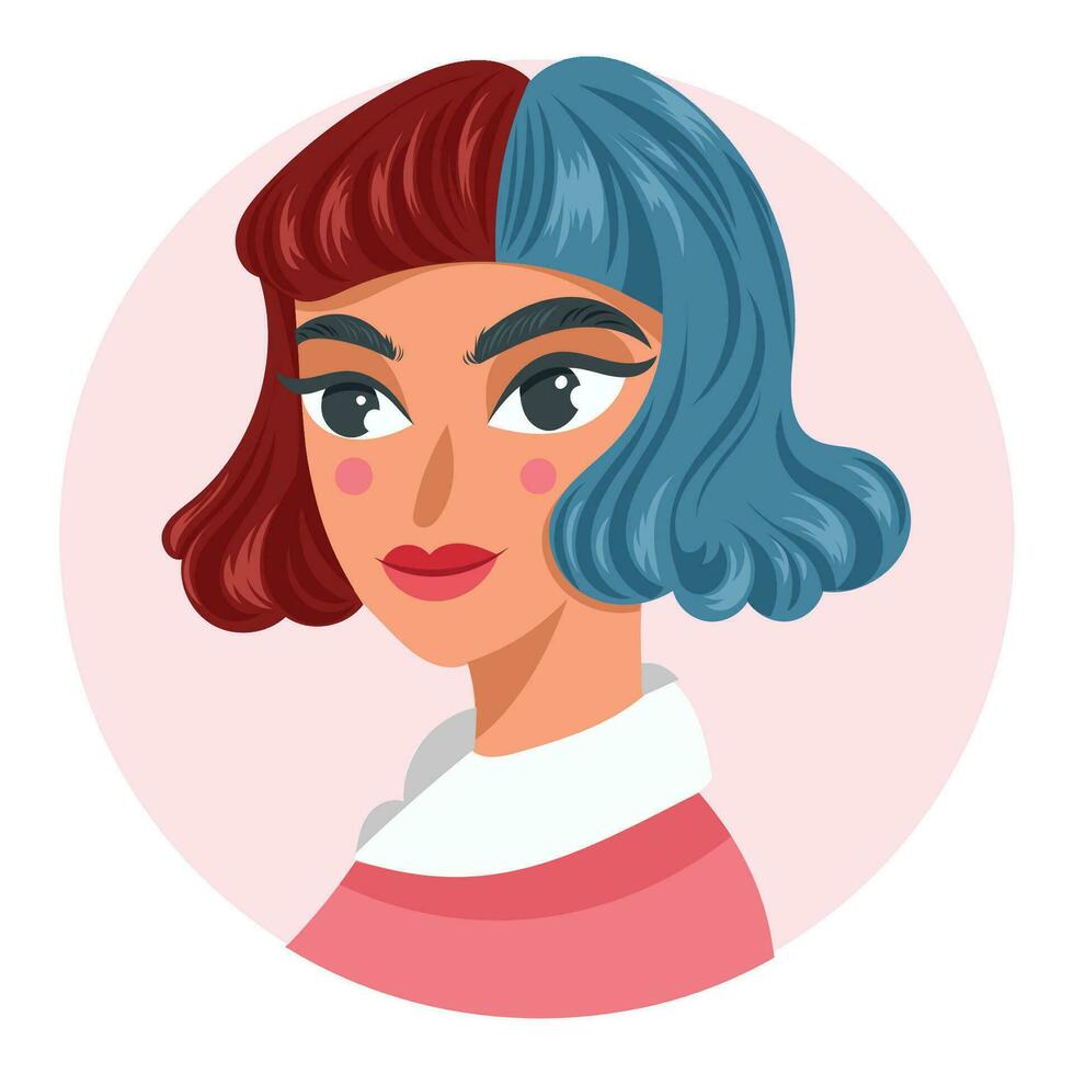 Avatar girl with red and blue hair cute beauty for cover or profile picture social media style hairstyle glamour fun young vector