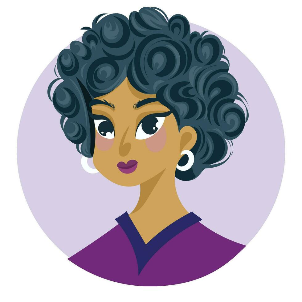 Avatar african woman in short black hair and purple shirt beautiful portrait head style face person human young profile picture social media vector