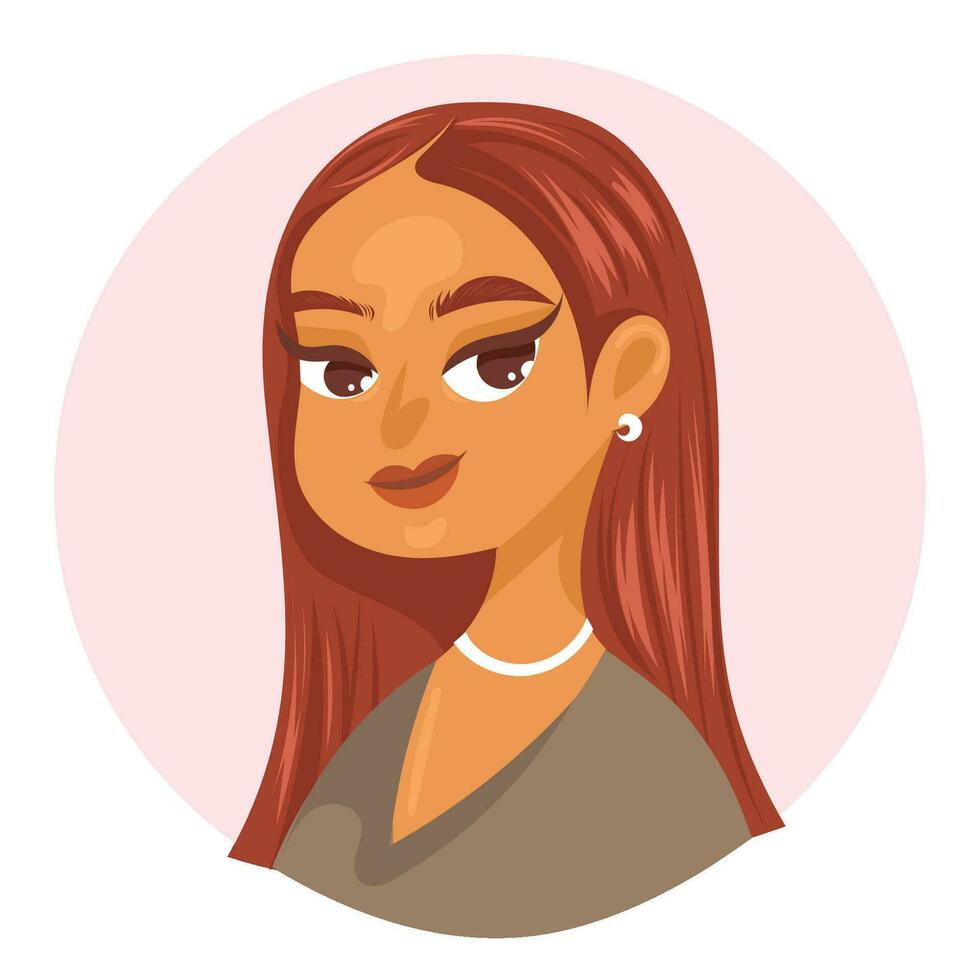 avatar niña con rojo Derecho pelo y hembra linda atuendo camisa mira estar fuera y glamour negocio natural humano estilo vector