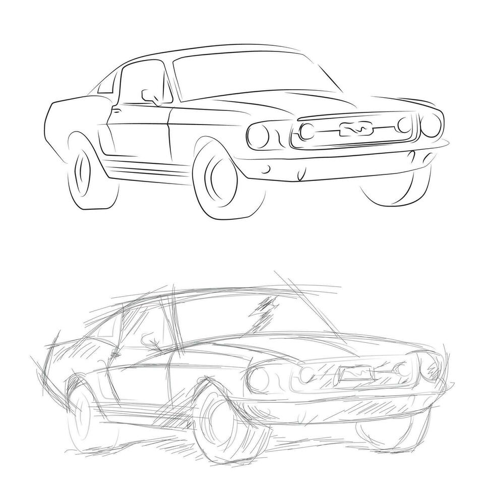 Hand-drawn and sketch car silhouettes, blueprints vector