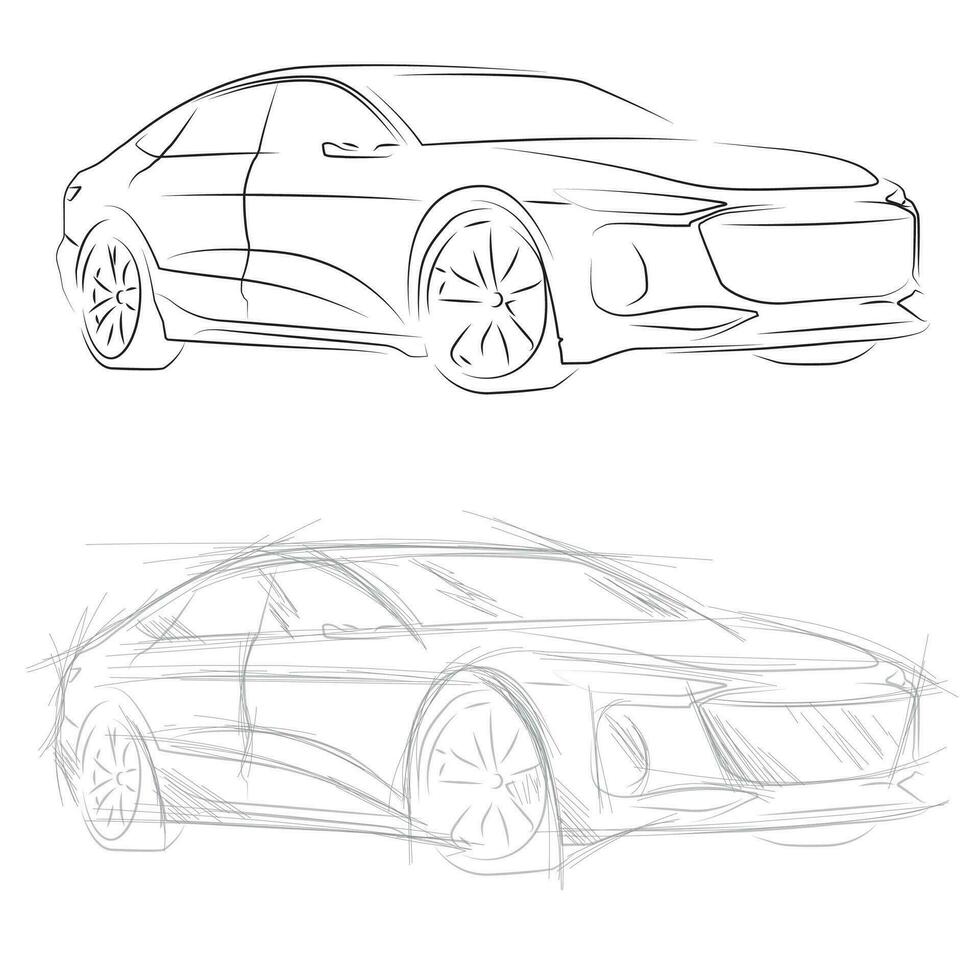 Hand-drawn and sketch car silhouettes, blueprints vector