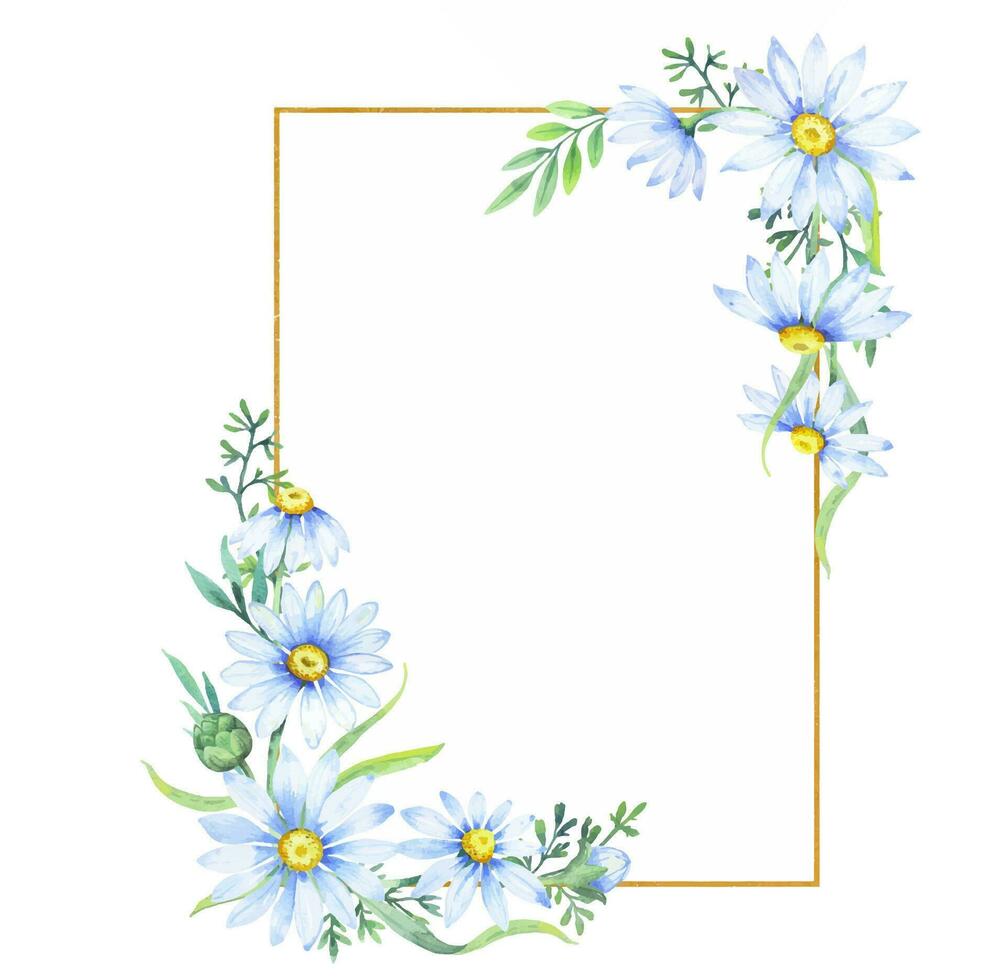 Gold square frame with apothecary chamomile flowers. Floral border of daisies, watercolor illustration vector