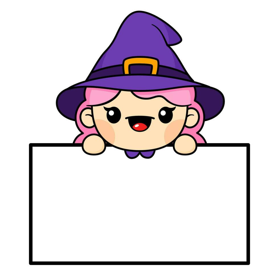 Cute And Kawaii Style Halloween Witch Character With White Board vector