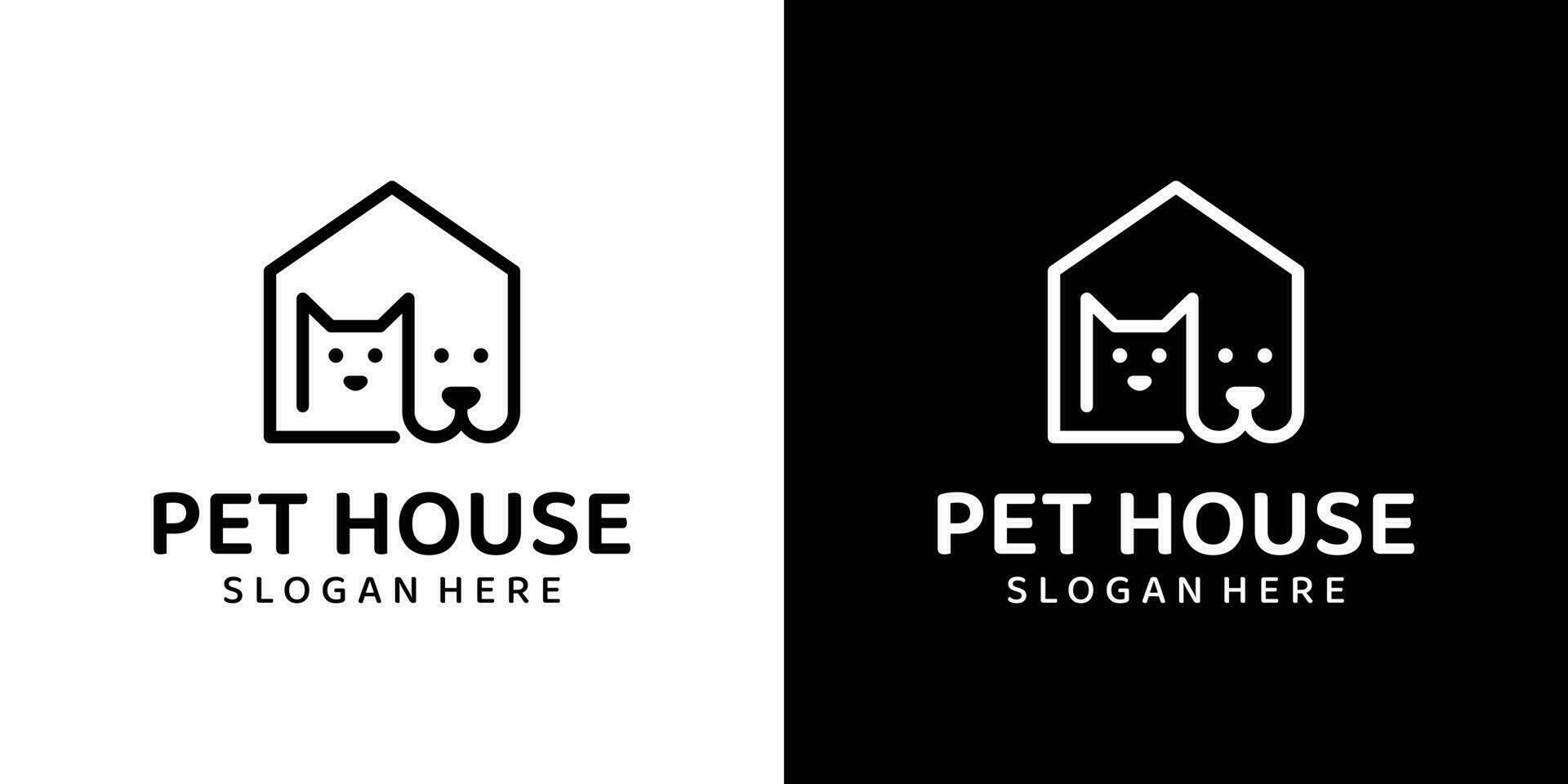 Pet house logo design template. Dog and cat with house line art design graphic vector illustration. Symbol, icon, creative.