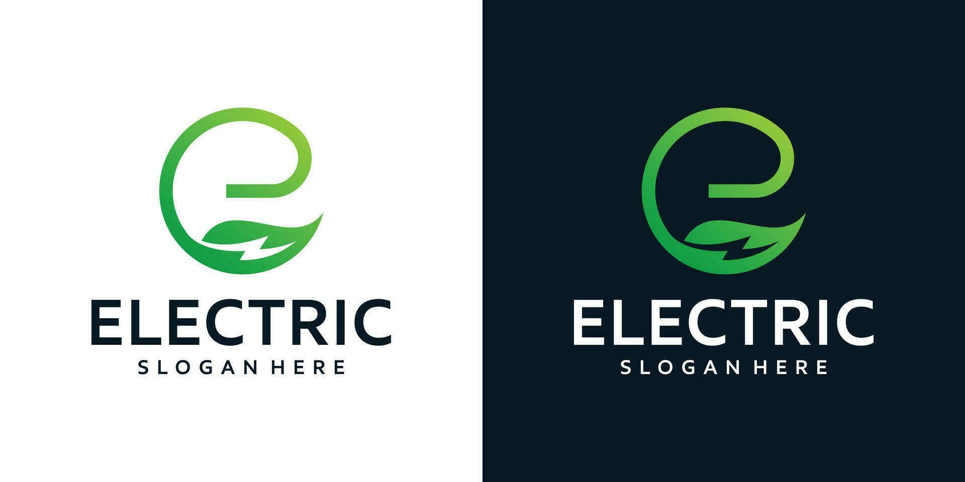 Electric logo design template. Initial letter E with nature leaf and lightning design graphic vector illustration. Symbol, icon, creative.