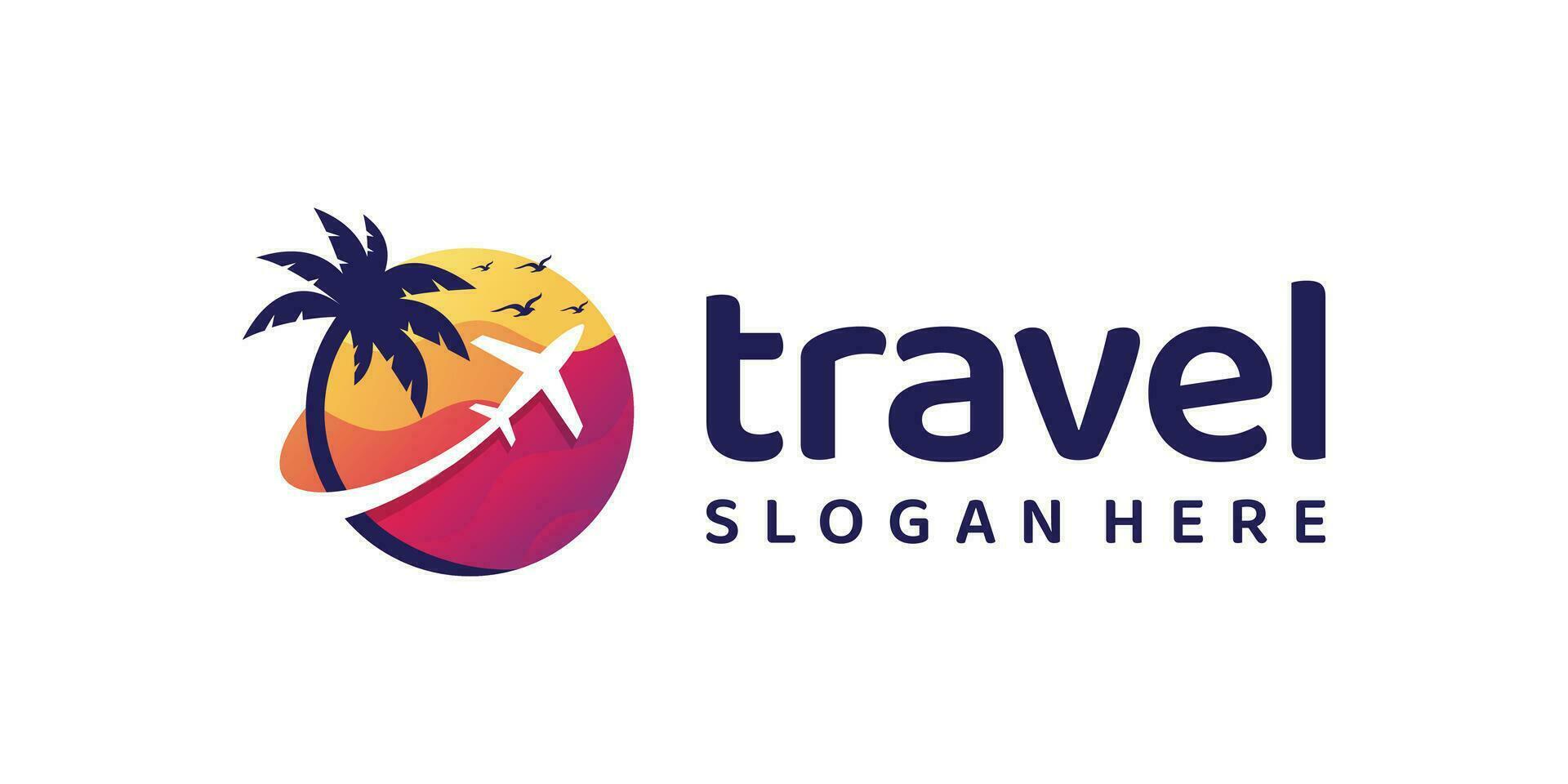 Travel agency logo design template. airplane and globe with palm tree colorful design graphic vector illustration. Symbol, icon, creative.