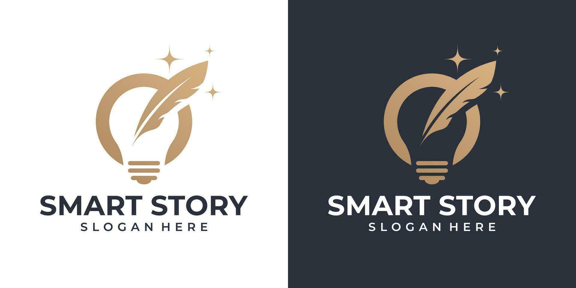 Smart story logo design template. Light bulb idea logo with feather design graphic vector illustration. Symbol, icon, creative.