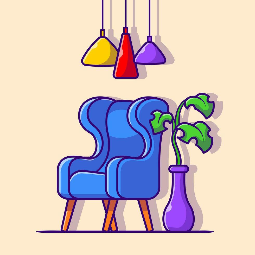 Sofa With Plant and Light Cartoon Vector Icon Illustration.  Interior Indoor Icon Concept Isolated Premium Vector. Flat  Cartoon Style