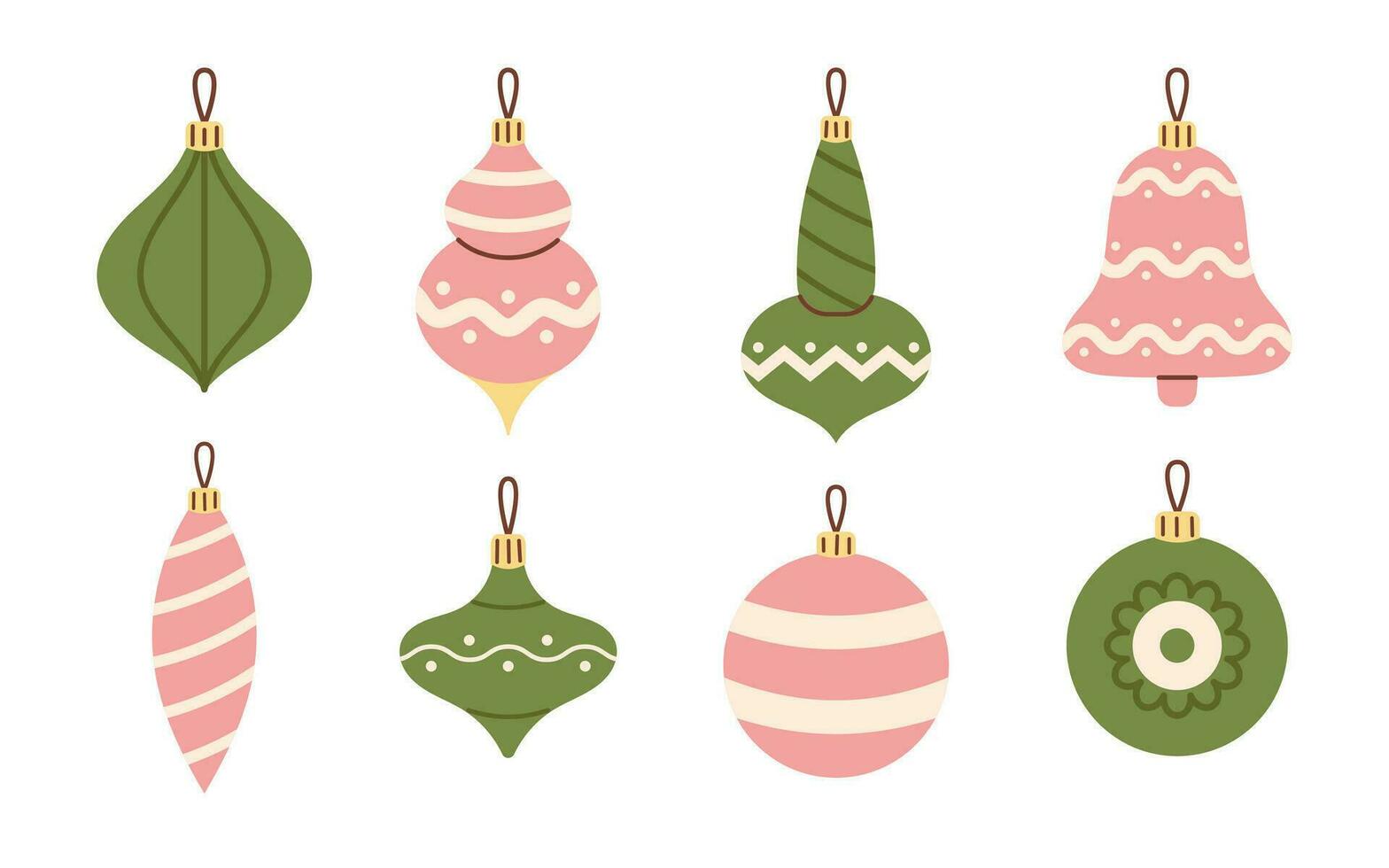 Vector set of vintage baubles and decorations for Christmas tree. Collection of Christmas ornaments and balls in flat design. Happy New Year and Merry Christmas.