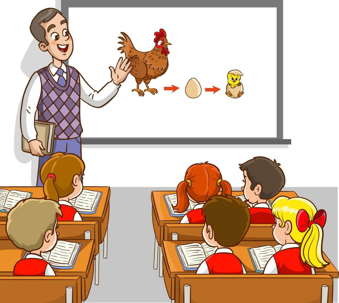 vector ilustración de profesor y estudiantes enseñando aula.enseñanza el formación de un huevo desde un pollo