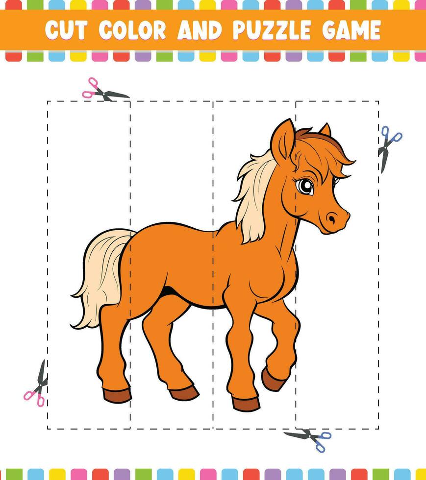 Cut color education worksheet game for kids color activity puzzle for children with Cute Animal vector