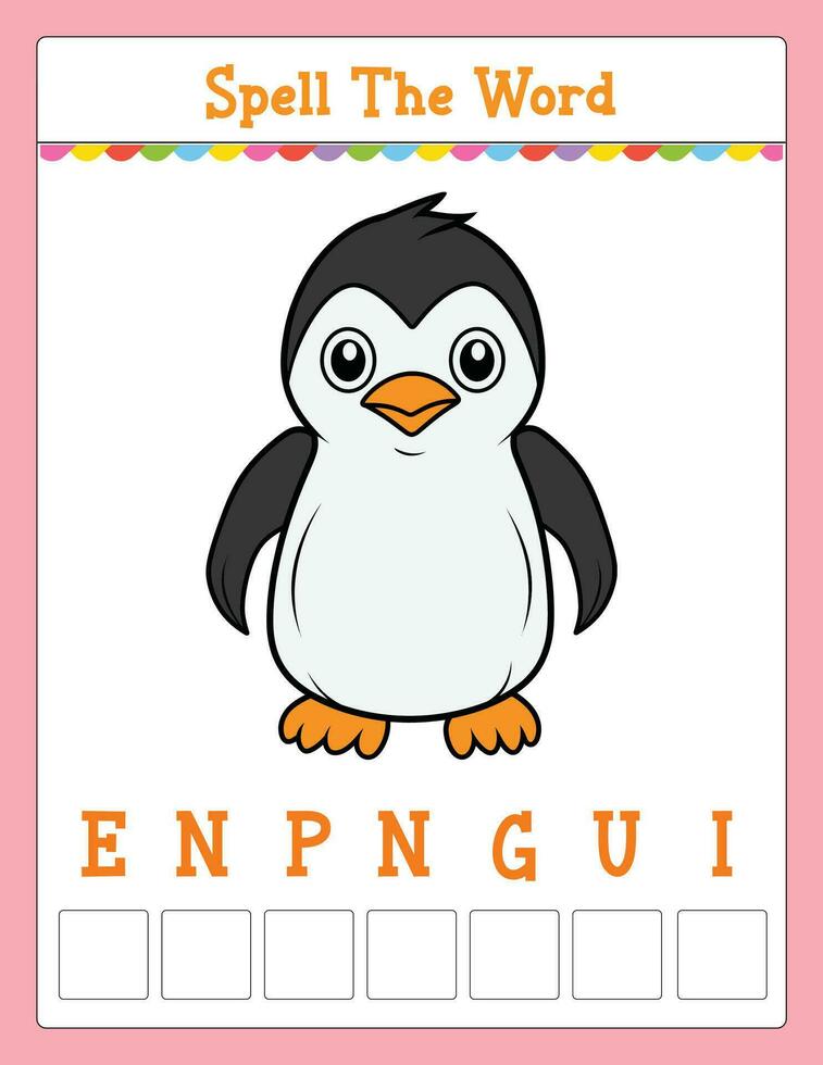 Spelling word scramble game Educational activity for kids with word Penguin vector