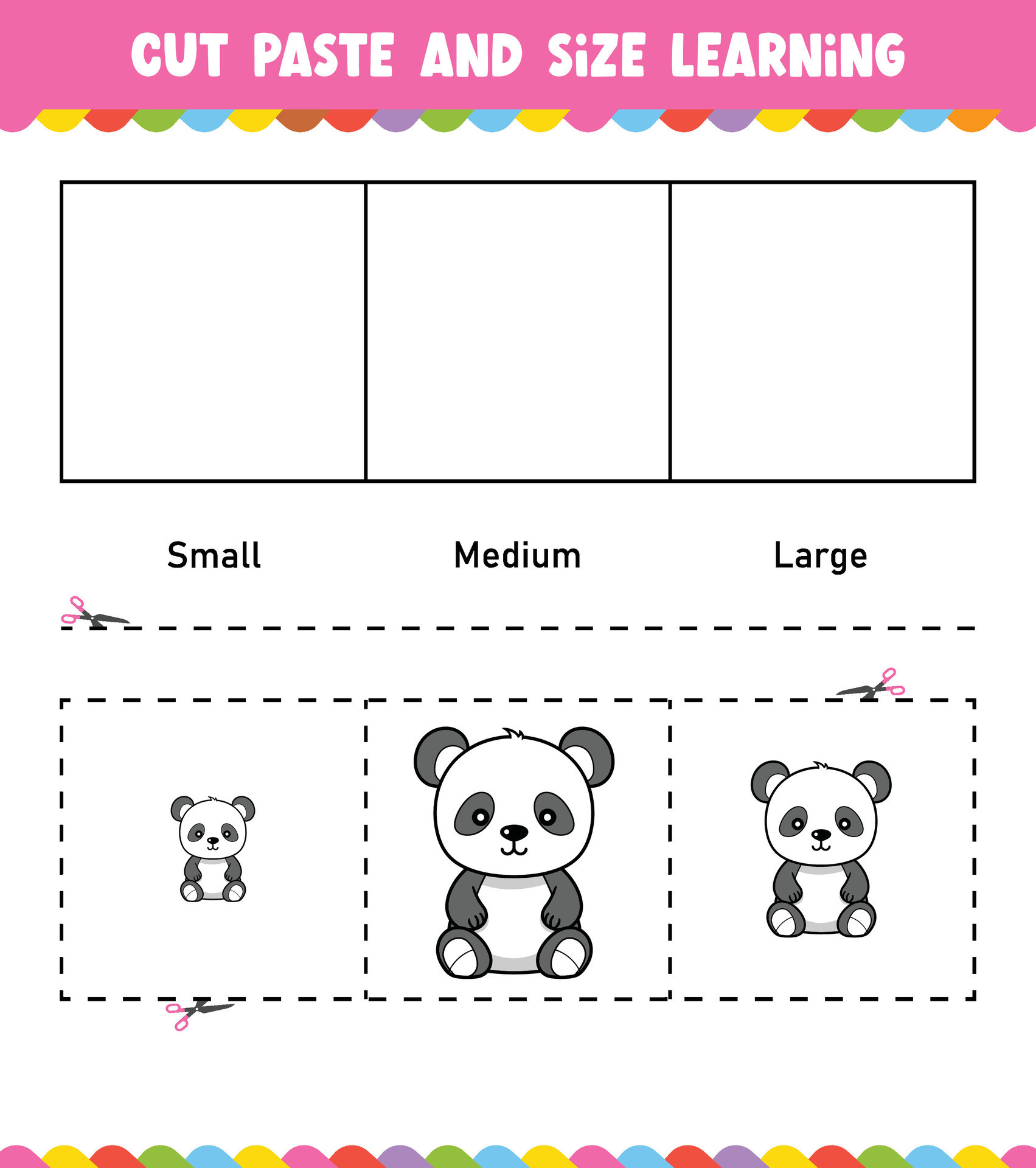Learning sizes Cut and Paste easy activity worksheet game for children