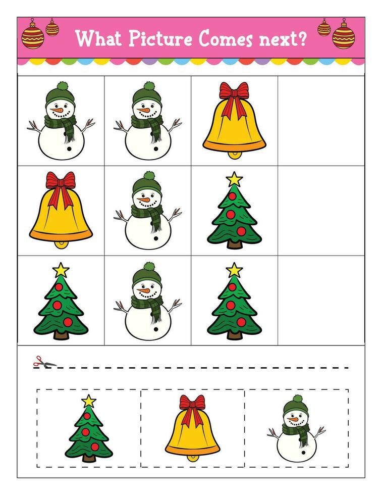 Educational Children's  Matching Challenge Game What Comes Next game for children Christmas Theme vector