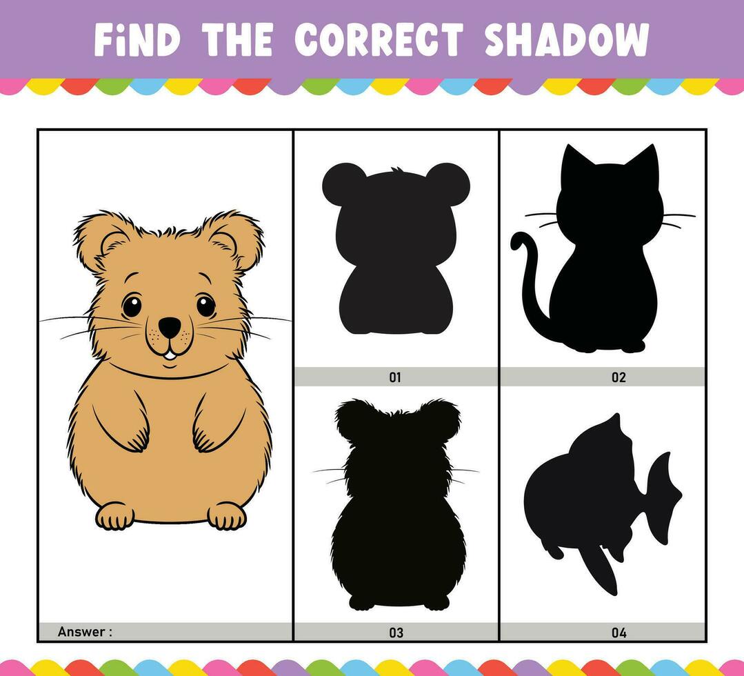 Find the correct shadow educational shadow match game worksheet for kids cartoon vector illustration