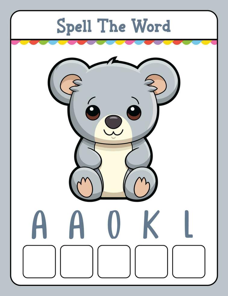 Spelling word scramble game Educational activity for kids with word Koala vector