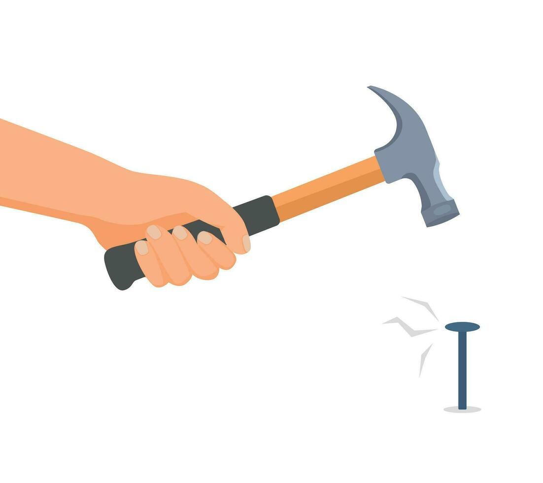 Human hand holding hammer hammering in a nail vector