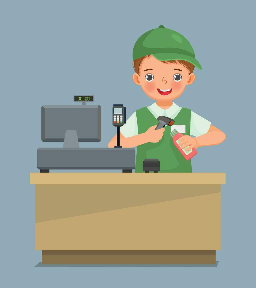 Cute little boy cashier store assistant working at counter scanning bar code grocery vector