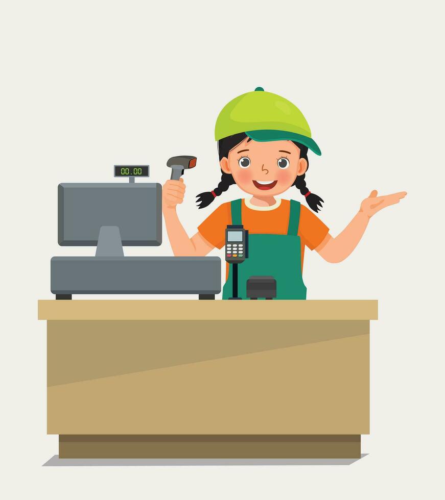 Cute little girl cashier store assistant working at counter holding bar code scanner vector