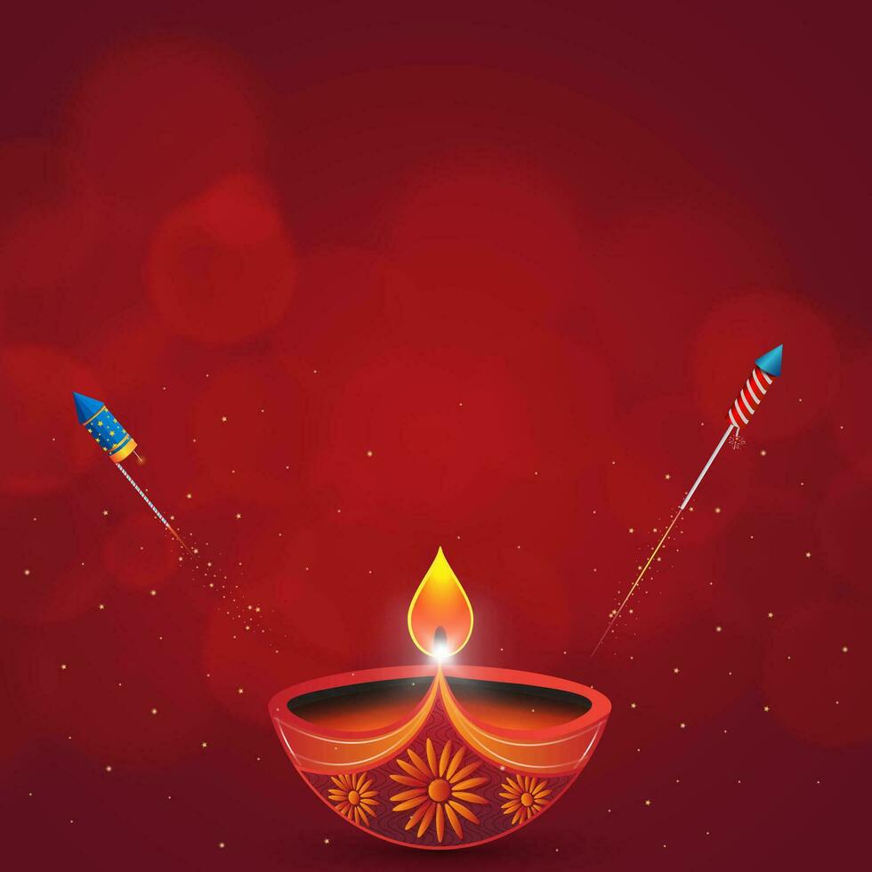 Happy Diwali festival background with diya and firecrackers on red bokeh background. vector