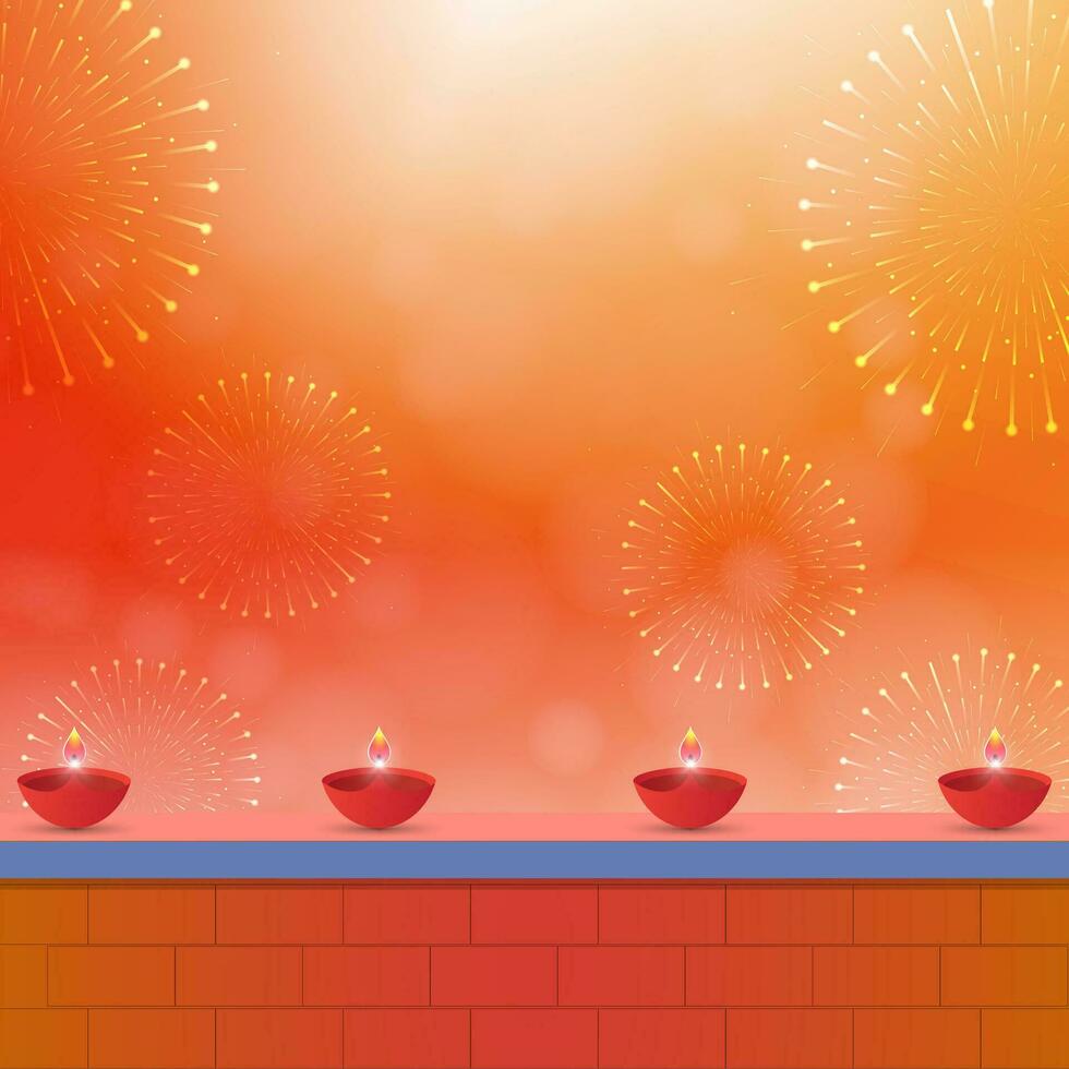 Vector illustration of Happy Diwali background with diya and fireworks.