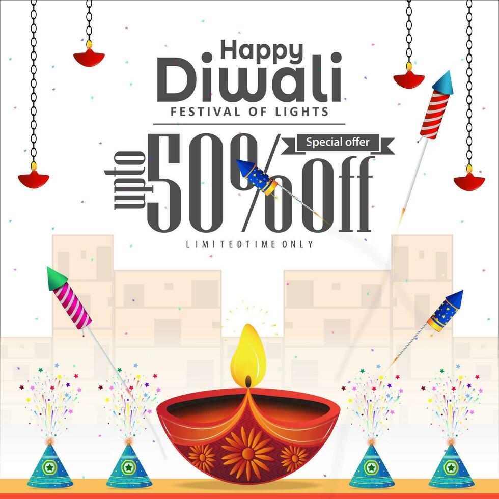atractivo descuento anuncio bandera diseño para diwali festival celebracion. vector