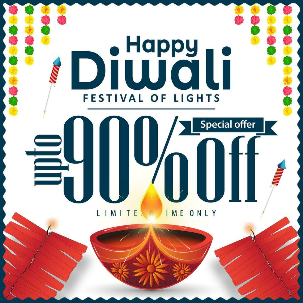 Happy Diwali celebration banner ad design on white background with crackers and vibrant candle flame. vector