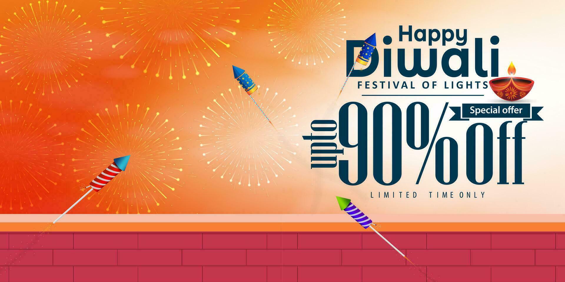 Happy Diwali festival Celebration banner design with huge discounts to attract people. Vector illustration.