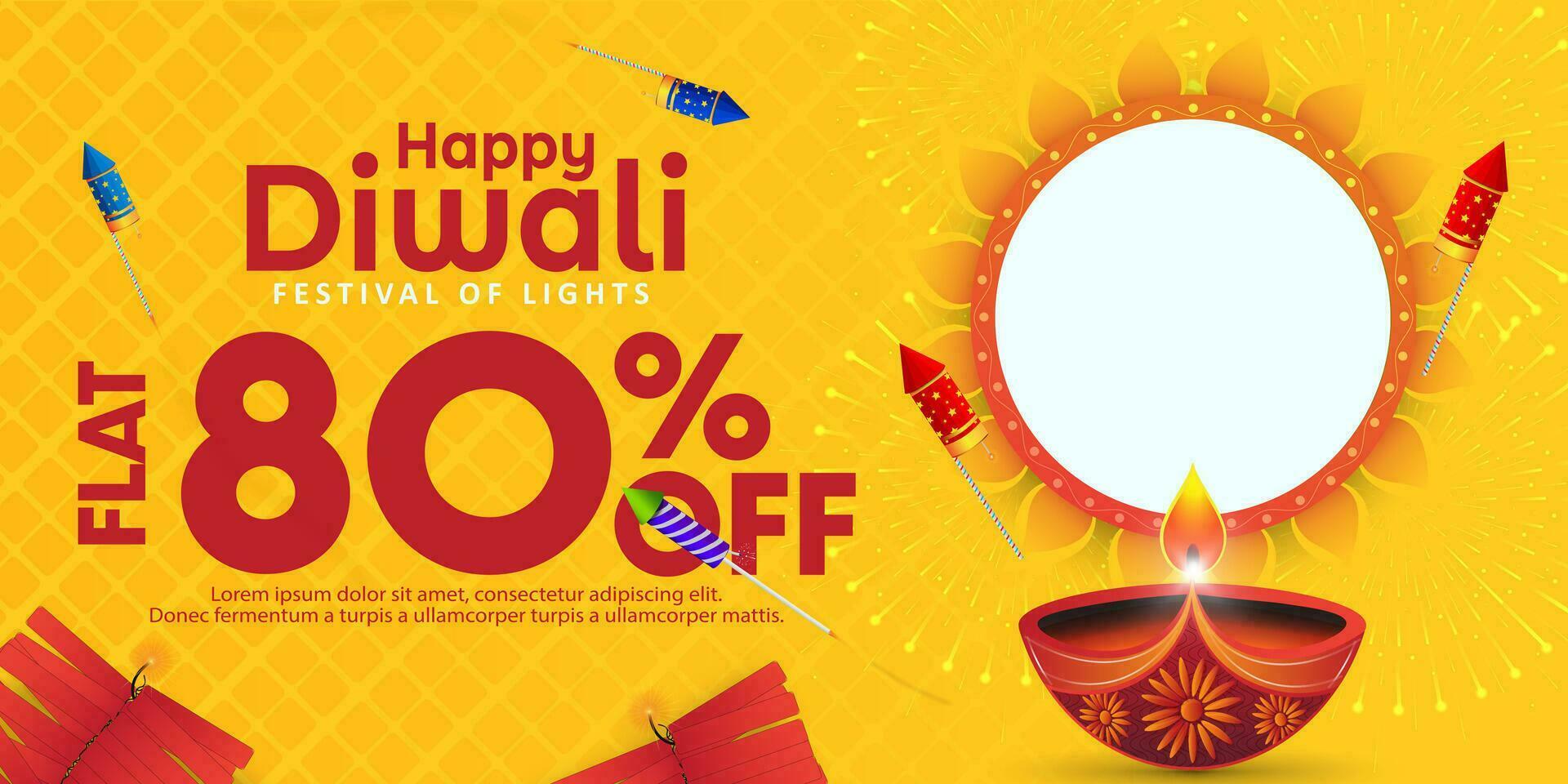 Happy Diwali sale banner template design and diya and firecrackers with huge discount to attract people. vector