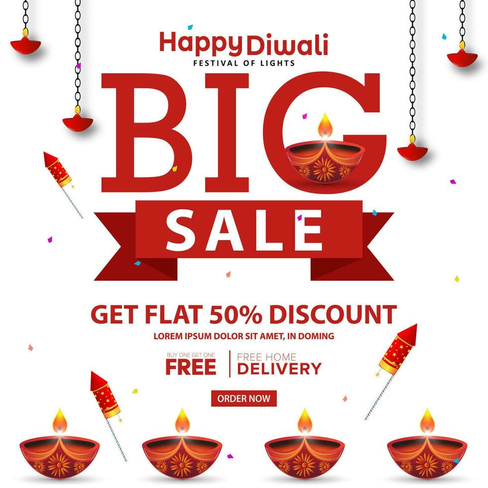 Happy Diwali Big Discount Promotion Sale Banner Design Template to attract people with diya oil lamp and firecrackers. vector