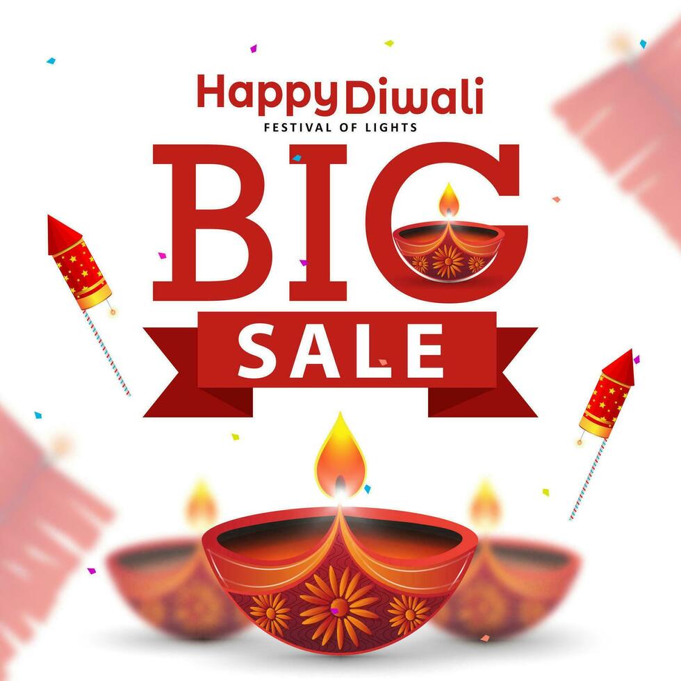 Happy Diwali big sale banner design template with diya oil lamp and crackers. vector