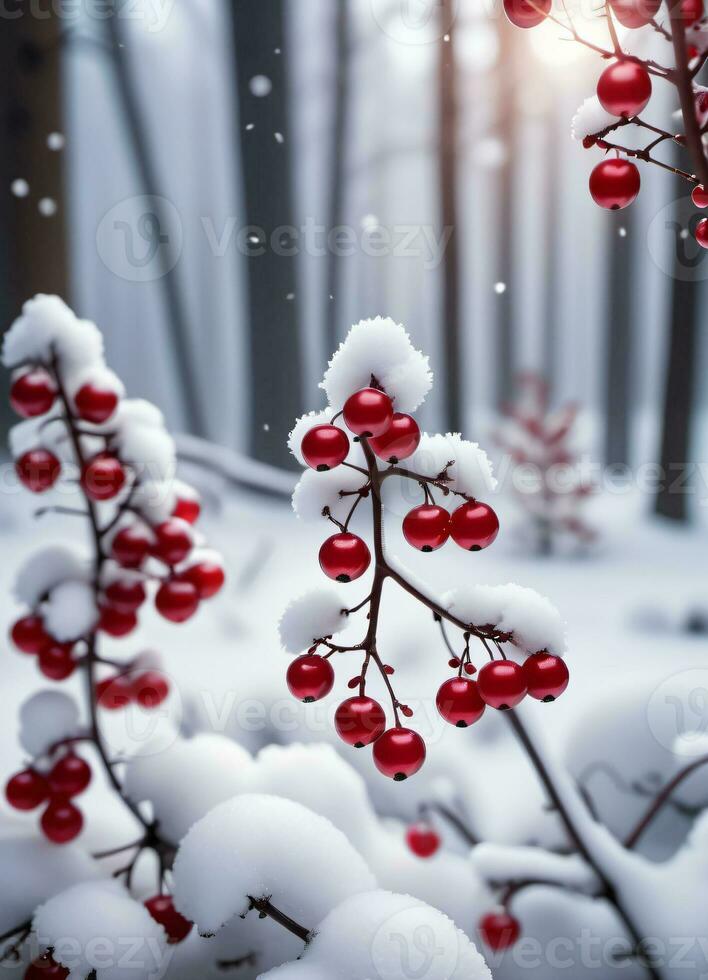 Red berries in the winter forest photo background AI Generative